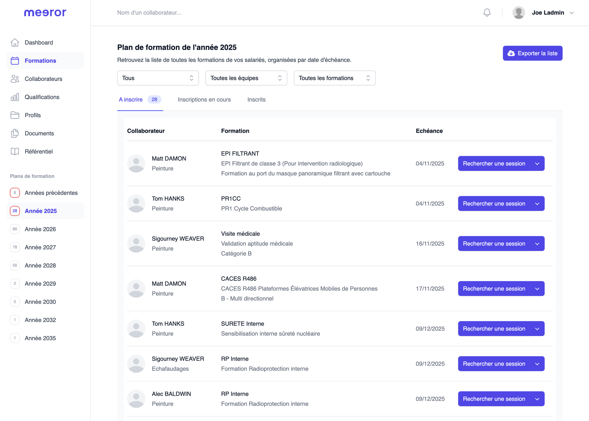 Capture d'écran du tableau de bord Meeror